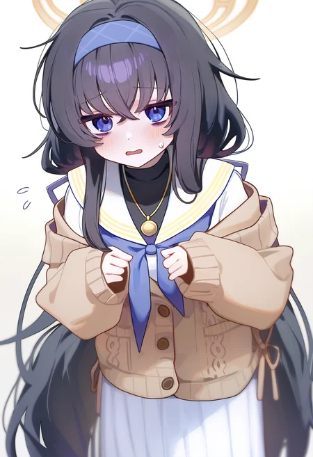 masterpiece, best quality, good quality,
ningen mame, ciloranko, deadnooodles,
ui \(blue archive\), 1girl, bags under eyes, black hair, blue eyes, blue hairband, blush, brown cardigan, cardigan, white background, hairband, jewelry, long hair, long sleeves, looking at viewer, open mouth, pendant, skirt, solo, very long hair, white skirt
<lora:illustrious_styles_v3_vpred:1>