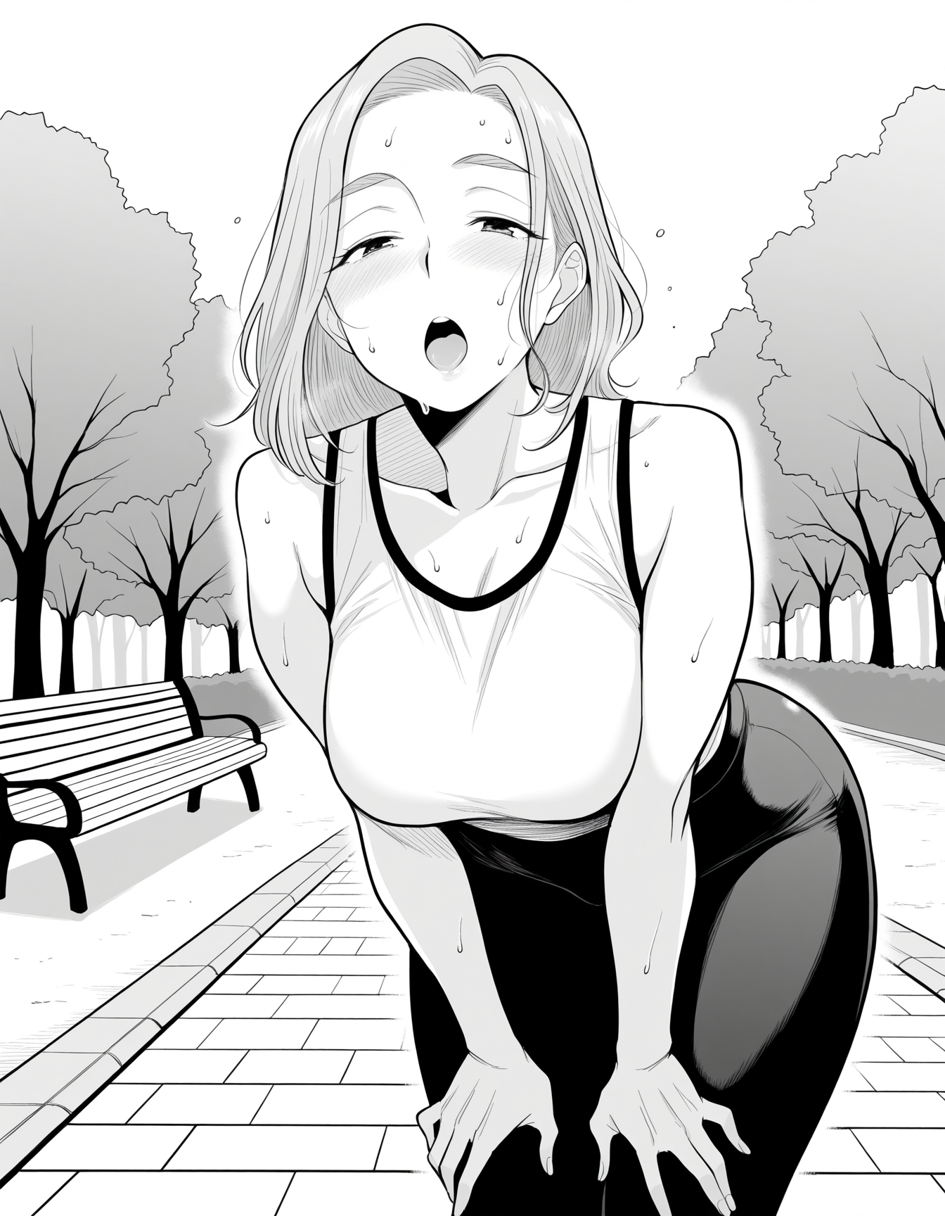 masterpiece, best quality, amazing quality, uncensored, <lora:Haitoku_Sensei-Chichioya_Kounin-000008:0.8>, haitokusen, monochrome, greyscale, 
1girl, medium hair, mature, sportswear, yoga_pants, looking at viewer, gasp, blonde hair, 
in summer, day, dynamic_angle, park, lawn, bench, path, cowboy shot, sweat, hands on own legs, from below, walking, leaning forward,
