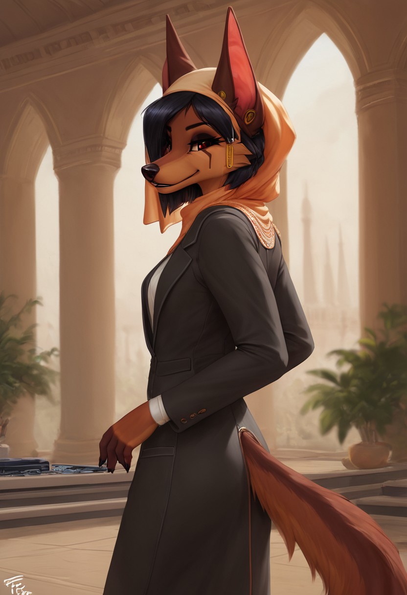 score_9, score_8_up, score_7_up, highres, high quality, perfection, BREAK 1girl, solo, indoors, podium, speaking, giving a speech, suit, jacket, hijab, headwear, headscarf, kesis, jackal, canine, black hair, red eyes, brown fur, furry, female, audience, auditorium, egyptian architecture, detailed background, perfect hands, detailed eyes, blurred background, side view