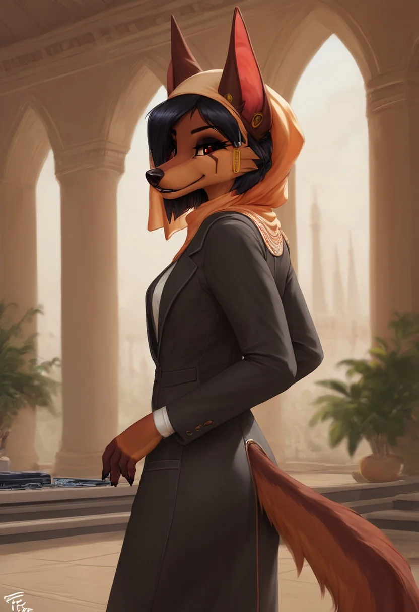 score_9, score_8_up, score_7_up, highres, high quality, perfection, BREAK 1girl, solo, indoors, podium, speaking, giving a speech, suit, jacket, hijab, headwear, headscarf, kesis, jackal, canine, black hair, red eyes, brown fur, furry, female, audience, auditorium, egyptian architecture, detailed background, perfect hands, detailed eyes, blurred background, side view
