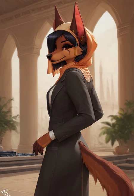 score_9, score_8_up, score_7_up, highres, high quality, perfection, BREAK 1girl, solo, indoors, podium, speaking, giving a speech, suit, jacket, hijab, headwear, headscarf, kesis, jackal, canine, black hair, red eyes, brown fur, furry, female, audience, auditorium, egyptian architecture, detailed background, perfect hands, detailed eyes, blurred background, side view