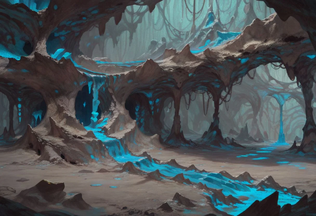 ASCIIcavern, organic ceiling, organic room, curved walls and doorways, ramps leading upward, frosted surfaces, ((blue lava floes, blue flames)), ice stalactites, ice stalagmites, asymmetrical, clean lines, highly detailed cavern, high quality, ((semi-realistic)), best quality, rating: g score_9, score_8_up