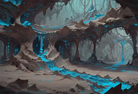 ASCIIcavern, organic ceiling, organic room, curved walls and doorways, ramps leading upward, frosted surfaces, ((blue lava floes, blue flames)), ice stalactites, ice stalagmites, asymmetrical, clean lines, highly detailed cavern, high quality, ((semi-realistic)), best quality, rating: g score_9, score_8_up