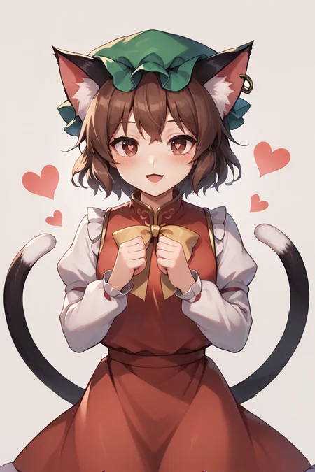 score_9, score_8_up, score_8, score_9, 1 girl,  source_anime, <lora:chen_pony-10:1>, chen, brown hair, brown eyes, cat ears, green hat, mob cap, two tails, red dress, juliet sleeves, frills, <lora:Concept Art Ultimatum Style LoRA_Pony XL v6:0.8>, <lora:princess_xl_v2:0.8>, <lora:Smooth Anime 2 Style SDXL_LoRA_Pony Diffusion V6 XL:0.8>, <lora:add-detail-xl:-0.5>, danmaku, touhou, heart, heart-shaped pupils, heart eyes, blush