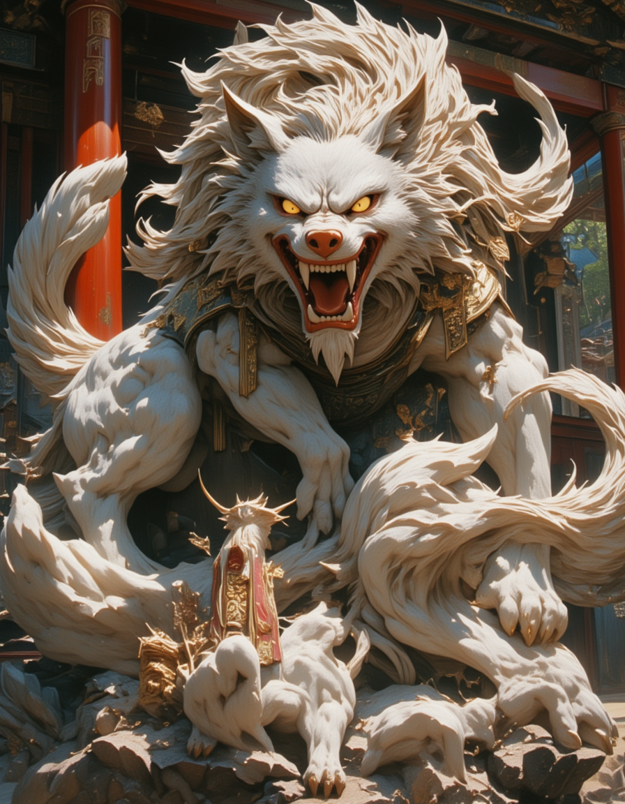 <lora:CW02_Lost_indusin:1> japanese animation style, cw02lost, indoors, sculpture, marble, detailed carving, cute giant fierce wolf, dangerous, majestic,