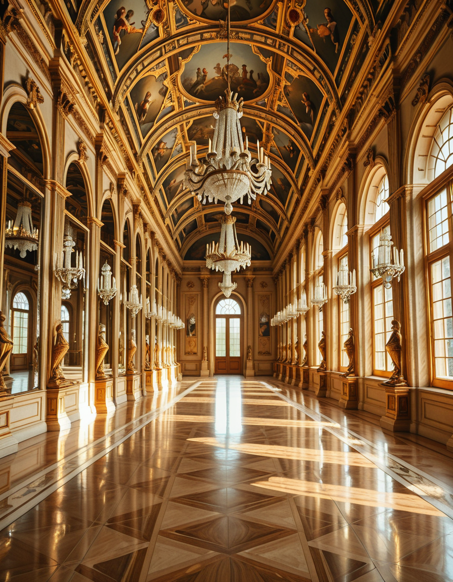 A breathtaking, photorealistic depiction of the Hall of Mirrors (Galerie des Glaces) at the Palace of Versailles in France, captured in golden afternoon light. The hall is grand and opulent, with a high arched ceiling painted with intricate Baroque frescoes. The walls are lined with tall arched mirrors on one side and large arched windows on the opposite side, flooding the space with natural light. Elegant crystal chandeliers hang from the ceiling, reflecting in the mirrors and sparkling with golden highlights. The marble floors are polished and gleaming, with rich, warm tones. Gilded statues and decorative elements frame the mirrors and doorways. The image style is ultra-detailed and photorealistic, with sharp textures and soft, warm lighting creating a majestic, timeless atmosphere. No people present, only the serene magnificence of the empty hall. Camera angle at eye level, centered down the hall, capturing the full length and symmetry of the space.
<lora:SDXLFaeTastic2400:0.4> <lora:extremely_detailed:0.4> extremely detailed,Hall of M1rr0rs, <lora:Hall_of_M1rr0rs-i:1>, Masterpiece,best quality,hi res,8k,hi res,8k,award winning,(sharp focus, intricate, highly detailed),