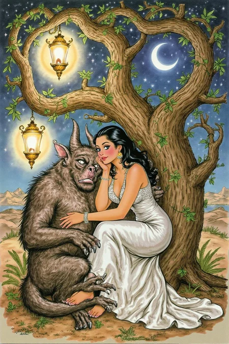 d0sn Illustration of a scene from Arabian Nights, rendered in intricate, colorful detail. A beautiful woman and a sleeping demon. The woman sits gracefully under a sprawling tree with lush, curving branches and hanging vines. She has striking, almond-shaped eyes, dark flowing hair, and wears elegant traditional attire with ornate jewelry that glimmers softly under the moonlight. Her expression is calm and serene as she gazes thoughtfully into the distance. Resting his head gently on her lap is a large demon with a powerful, otherworldly presence. The demon, though fearsome in size, appears vulnerable as he lies beside her. His skin has a muted, earthy tone, and his features--sharp and beastly--are softened by a look of weary contentment. His claws are retracted, and he exudes a mixture of strength and peace in her presence. The tree's twisted branches arc above them, framing the scene like a natural canopy. Golden lamps hang from the tree, casting warm, soft light, illuminating the two figures in a magical glow. The background is a deep, starry night, with hints of distant desert dunes and a crescent moon overhead, creating an enchanting and mystical ambiance that draws the viewer into this world of fantasy and myth. <lora:d0sn_illus1_fl_d6a3:1.0><lora:803604663585803813:0>
