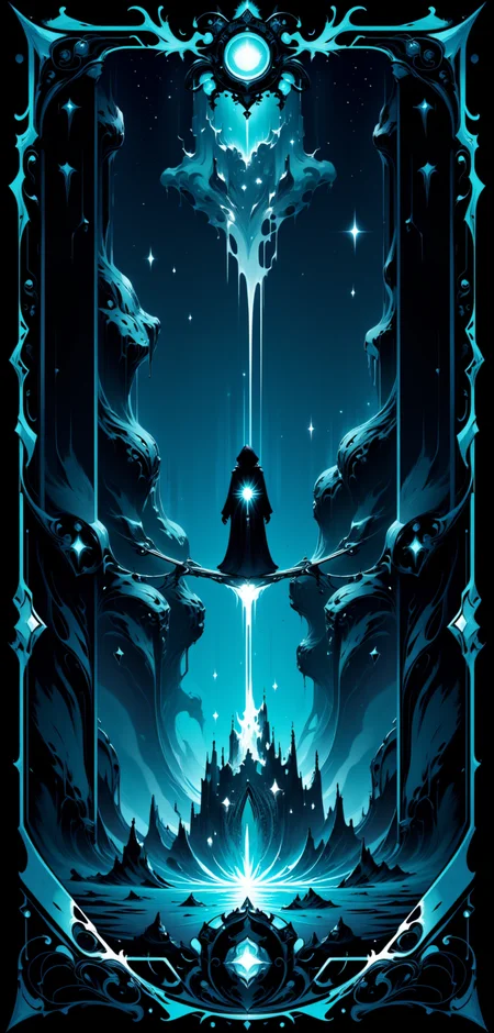 "A stylized Tarot card named 'The Voidwalker,' showcasing a figure cloaked in deep shadow, walking a tightrope between two towering, surreal structures made of glowing, translucent material. The Voidwalkerâs form is partially transparent, revealing an internal network of light that pulses like a heartbeat, guiding their steps through the void. Below them, an endless abyss of swirling, neon fog and fractal patterns stretches into infinity. The background is a haunting, surreal landscape filled with floating, abstract shapes and distant, flickering lights, creating a sense of tension and the unknown. The cardâs border is intricately designed with sharp, angular patterns and soft, flowing lines, glowing in deep blues and grays."
<lora:abstract_render_flux:0.4>,<lora:Painted_World_Flux:0.8>,<lora:Dreamwave_FLUX:0.6>,<lora:dreamlands_flux:0.6>,