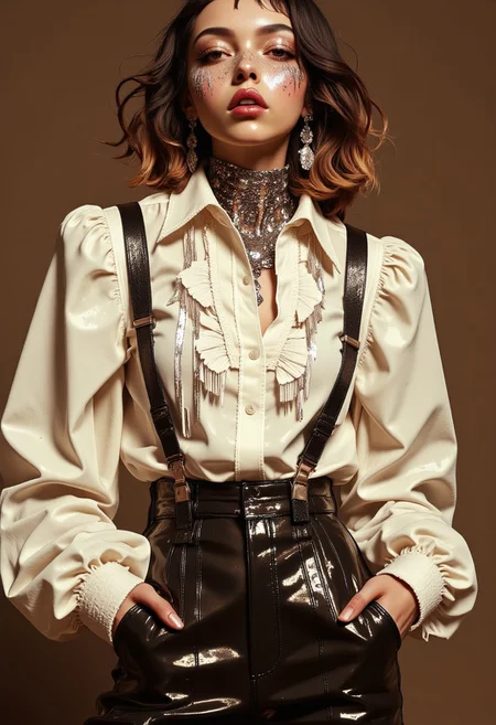 This is a highly stylized, high-resolution photograph featuring a young woman with a distinctive, avant-garde aesthetic. She has a light skin tone and wavy, shoulder-length hair with a mix of dark brown and blonde hues. (Her face is adorned with a lot of metallic, silver face paint that covers her eyes, lips, and chin, giving her a futuristic, otherworldly appearance). She wears a white, long-sleeved blouse with puffed sleeves and a high collar, which is slightly open at the neck. The blouse is embellished with silver sequins and fringe, adding a touch of glamour and texture. Her accessories include black suspenders that drape over her shoulders, adding a retro, yet edgy element to her outfit. She also wears high-waisted, shiny black pants that have a glossy, almost wet look, suggesting a latex or vinyl material. Her hands are elegantly placed, with one in her pocket, giving a sense of casual confidence. The lighting is soft and warm, highlighting the textures and metallic sheen of her outfit and makeup. The overall style is reminiscent of fashion. w3p0rtra1t, MOSH, ff-desolascape, (dark background)