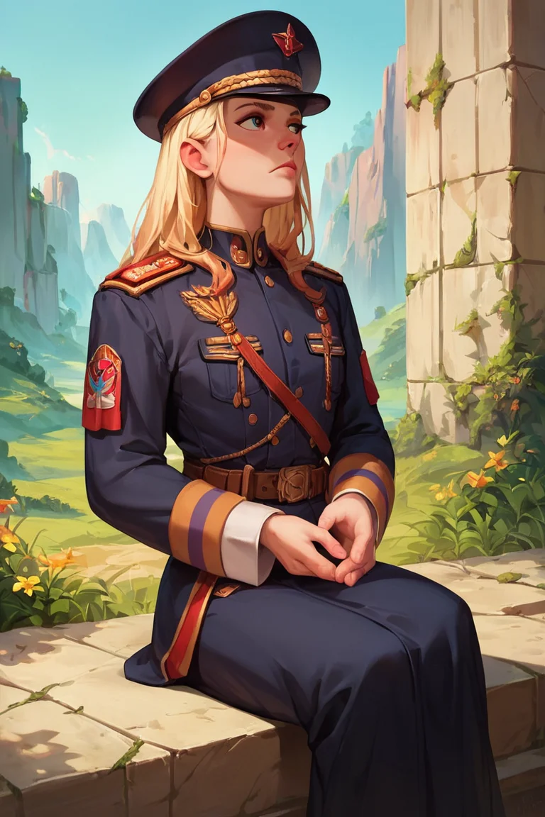 score_9, score_8_up, score_7_up, score_6_up, score_5_up, score_4_up,,1girl, solo, blond hair, body, outdoors, from front, good hand,look away, obilonian empire, obilonian empire military uniform,sitting, hat, <lora:Obilonian_Empire_Military_Uniform:0.8>, high detail eye