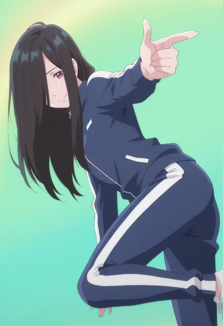 anime screencap, anime coloring, 1girl,  solo,   <lora:DX888AoiIL:1>kamimachi aoi, red eyes,  black hair, long hair, hair over one eye, hair down, track suit,   BREAK simple background,  green background, rainbow background, BREAK dutch angle,  from below, from side, dynamic pose, posing,  smile,   finger gun, standing on one leg