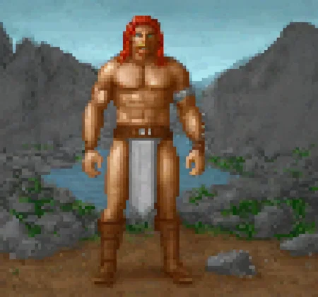 cinematic still Original HoMM2 style full-height character figure of a barbarian faction town captain. He stands on barbarian faction background in the original HoMM2 style. He has red hair and wears primitive attire made of a wolf hide with wolf's tail and head across his bare chest. The attire also includes a loincloth and fur-trimmed boots, and a riveted leather armband. The barbarian carries a long yellow stuff with round tip . emotional, harmonious, vignette, 4k epic detailed, shot on kodak, 35mm photo, sharp focus, high budget, cinemascope, moody, epic, gorgeous, film grain, grainy, The background featuring a landscape of rocky hills terrain. The layout includes a foreground with large, dark boulders and a patch of green grass on a gray dirt interspersed with small rocks, and a river stream encompassed by small boulders. The midground consists of a rocky, barren landscape leading up to the base of the round hills. The background showcases a range of rugged, blue-tinted rocky hills under a cloudy sky. The overall color palette includes shades of gray, blue, green, and brown, creating a natural and rugged outdoor scene, Original HoMM2 style, HoMM2, HoMM2 style, Heroes of Might and Magic 2, character, character design, character from HoMM2, character from Heroes of Might and Magic 2, character from Heroes of Might and Magic, town captain from HoMM2, town captain from Heroes of Might and Magic 2, town captain from Heroes of Might and Magic, stylized, blocky, full-height, full-height character, full-height portrait, barbarian, male, captain, town captain, man, muscular, strong, red hair, rugged, tribal leader, primitive, survivalist, stern, hunter, wild, untamed, tribal warrior, nomadic, loincloth, primitive attire, fur boots, leather belt, armband, riveted leather armband, tribal clothing, minimal clothing, battle gear, simple garments, hunterâs outfit, utility belt, survival gear, fur trim, traditional warrior wear, barbaric clothing, tribal gear, rugged attire, weapon holster, stuff, yellow stuff, stuff with round tip, barbarian armor, wolf hide, wolf fur, wolf head, wolf head hide, hill landscape, rugged terrain, rocky ground, barren, wilderness, natural setting, rough landscape, rocky hills, steep cliffs, craggy, rugged outdoors, harsh environment, hilly backdrop, rocky plains, natural beauty, highland, craggy hills, vast, wide, open space, barren mountains, stone formations, mountainous region, gray rocks, river stream boulders, river, stream, river stream, barbarian background, barbarian faction background, faction background, primal, tough, natural, gritty, bare, sky, fur, wilderness backdrop, by Tracy Iwata, pixel art, 8-bit, creature, original, Original HoMM2 style full-height character figure of a barbarian faction town captain. He stands on barbarian faction background in the original HoMM2 style. He has red hair and wears primitive attire made of a wolf hide with wolf's tail and head across his bare chest. The attire also includes a loincloth and fur-trimmed boots, and a riveted leather armband. The barbarian carries a long yellow stuff with round tip, cinematic light, dynamic composition, detailed, ambient aesthetic, very inspirational, inspiring, vibrant colors, inspired, pretty, creative, positive, cheerful, unique, engaging, beautiful, determined, attractive, agile, passionate, highly educated, color, winning, best, gorgeous, dramatic