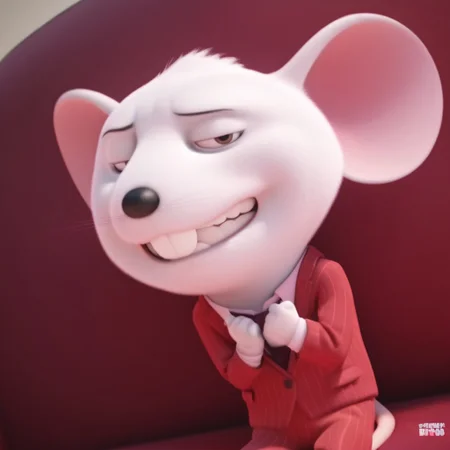 Mike_sing, white fur, mouse teeth, mouse, anthro, sitting on couch, bust shot, good angle, grin, smile, sexy, suit, Red suit, 4k, realistic, half closed eyes, looking at viewer, pose, dynamic angle, bust shot