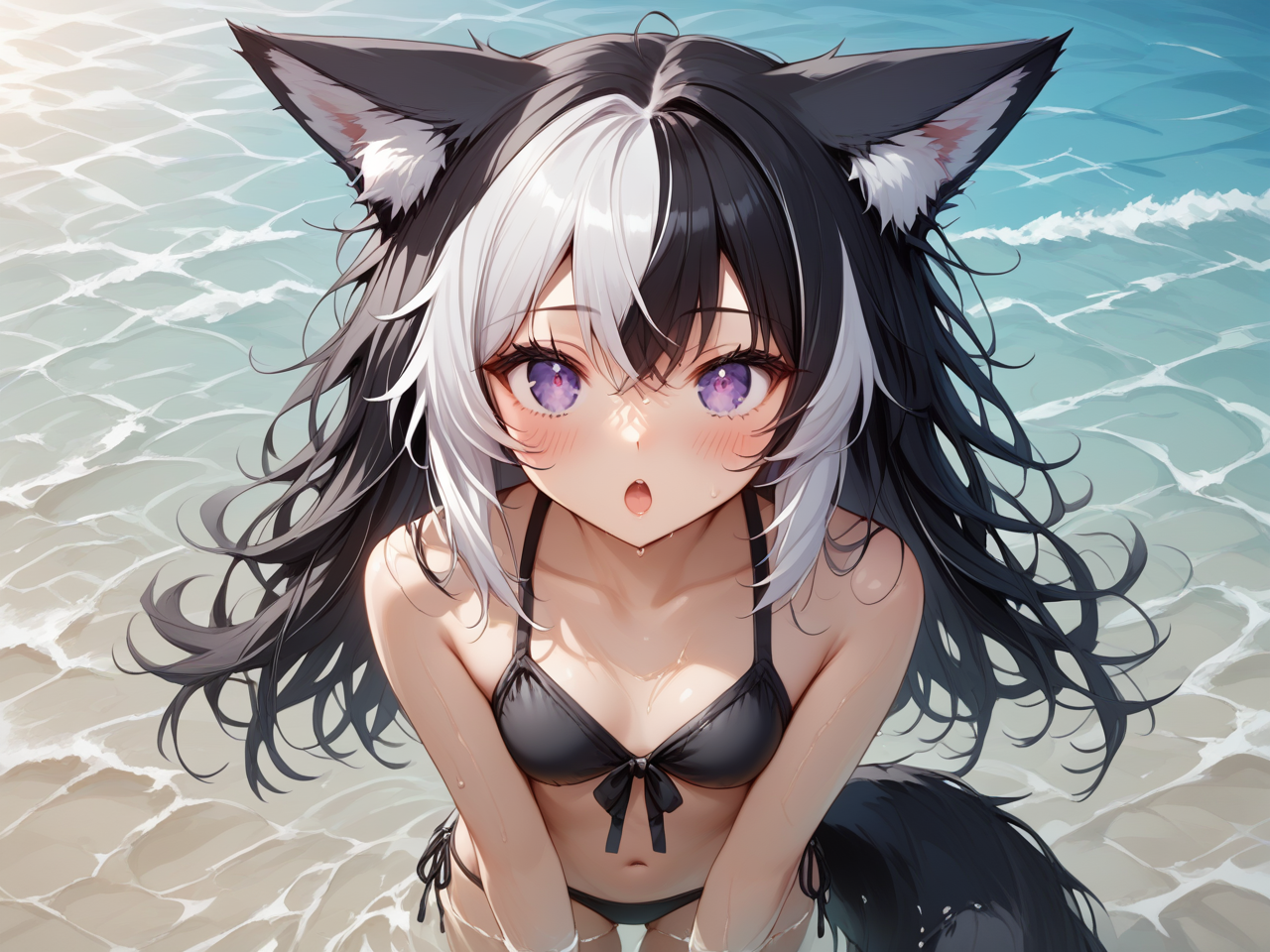Drestoria-Style_V2, 

(masterpiece), (best quality), source_anime+, perfect anatomy, HD, 10k Res, digital_media_(artwork) hi_res, intricate, high quality, amazing quality, Highly Detailed, Expressive Face, Foxgirl, BREAK, ((1girl, Black Fox Ears, Black Fox Tail)), (((Long Hair, Messy Hair, Black Hair, Two-Tone Black Hair, Left White Hair Highlight)), (Purple Eyes, Almond-Shaped Eyes), Slightly Above Average Facial Appearance, (Bikini, Beach, Wading in Water, Viewer on Beach)