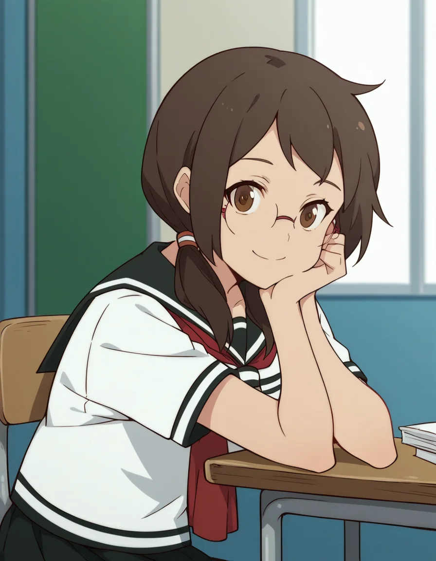 score_9, score_8_up, score_7_up, source_anime, <lora:kotoha-isone-hnu-ponyxl-lora-nochekaiser:1>, kotoha isone, brown hair, twintails, brown eyes, glasses,, skirt, school uniform, serafuku,, indoors, smile, looking at viewer, solo, sitting, head rest, table,, cowboy shot, dutch angle