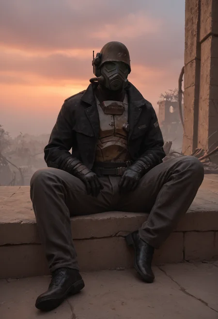 (score_9, score_8_up:1.1), score_7_up, realistic photograph
d3sertranger, helmet, 1boy, reclining male solo, (muscular), black gloves, gas mask, black jacket, full body, front view, night starry_sky sunset city ruins, <lora:desert_ranger_v1.1.6_pony:1>