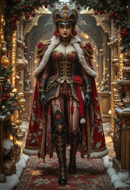 A faceless figure walking through a maze of glowing geometric shapes, Abstract and Surreal,<lora:ChristmasCouture:0.8>, armor, berry, buckle, bodysuit, coat, corset, crown, distressed denim jeans, edgy, embroidery, epaulettes, fantasy, feathers, festive, floor-length, floral, form-fitting, frilly, fur-lined cape, glittering, gothic, gold accents, gown, headdress, high-collared, holly, jumpsuit, lace, leather, leaves, luxurious, medieval, military-style, off-the-shoulder, opulent, ornate, overcoat, pinstriped, plaid, poinsettia, puffy winter jacket, punk, red and white striped, ruffled, sash, scarf, sequined, shawl, skirt, snowflake, steampunk, sweetheart neckline, tassels, tiara, trimmed with white fur, turtleneck sweater, velvet, Victorian, wings, <lora:boFLUX Christmas Dreams:0.5>, bo-christmas, <lora:ck-old-wooden-christmas-toys-000016:0.5>, A high-quality, close-up photograph of a ck-owct style hand-painted wooden christmas toy featuring a <lora:Satria_Gandrong_FLUX:0.5>, wayang_golek, wayang