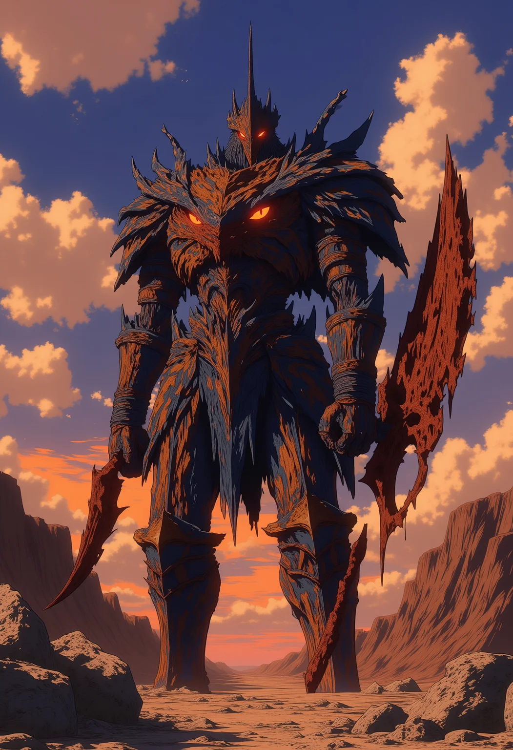 <lora:NeonFantasyPrimeFLUX-000049:1> ne0nfant4sy,
Ironclad Giant, A massive humanoid creature encased in thick, rusted iron armor. Its eyes burn with a fiery glow, and it wields a gigantic, jagged sword that drips with molten metal. The Ironclad Giant is an unstoppable force of destruction, crushing everything in its path.,