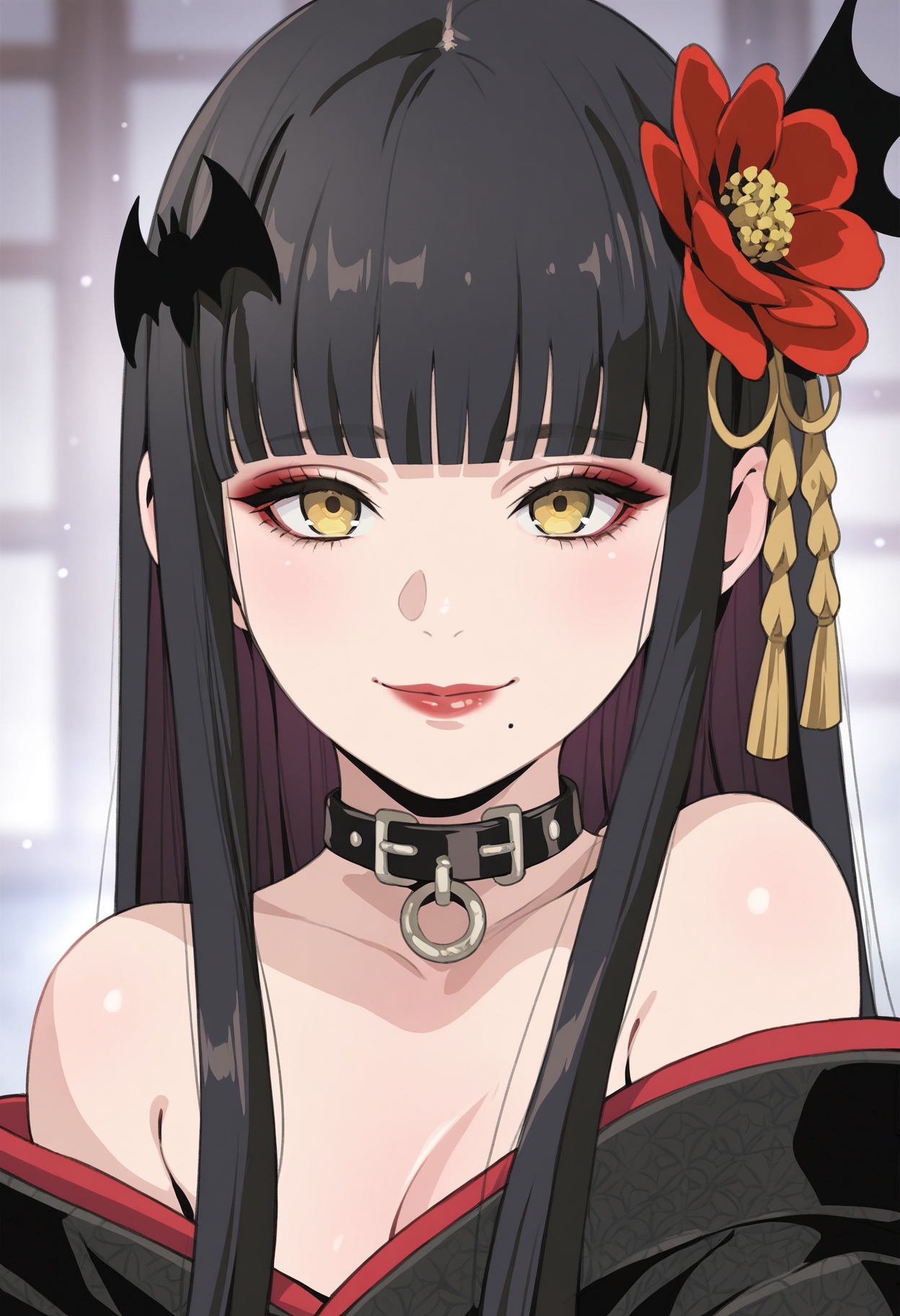 masterpiece,best quality,amazing quality,
1girl, hyur, black hair, flower, solo, bangs, mole, long hair, hair ornament, hair flower, mole under mouth, blunt bangs, black collar, straight hair, red lips, looking at viewer, portrait, japanese clothes, kimono, off shoulder, upper body, collar, bare shoulders, yellow eyes, smile, sidelocks, makeup, blunt ends, bat hair ornament, black kimono,
 <lora:Saeki Tatsuya_epoch_9:1>