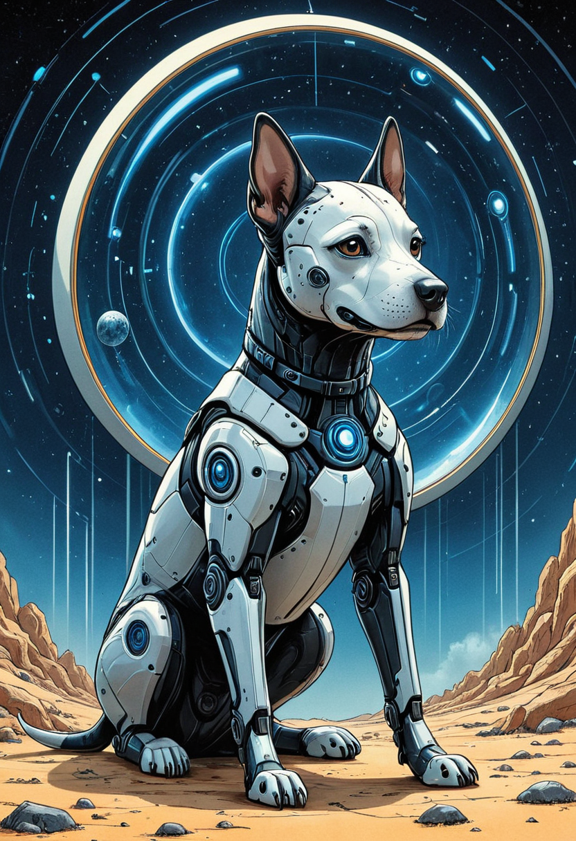 a dog, futuristic setting, ink illustration, mobe-cybideen,