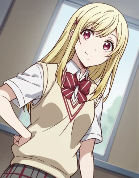 score_9, score_8_up, score_7_up, source_anime, <lora:urara-shiraishi-s1-ponyxl-lora-nochekaiser:1>, urara shiraishi, long hair, blonde hair, pink eyes, hair clip, x hair ornament,, skirt, bow, school uniform, jacket, plaid, plaid skirt, sweater vest, shirt, white shirt, collared shirt,, indoors, smile, looking at viewer, solo,, cowboy shot, dutch angle