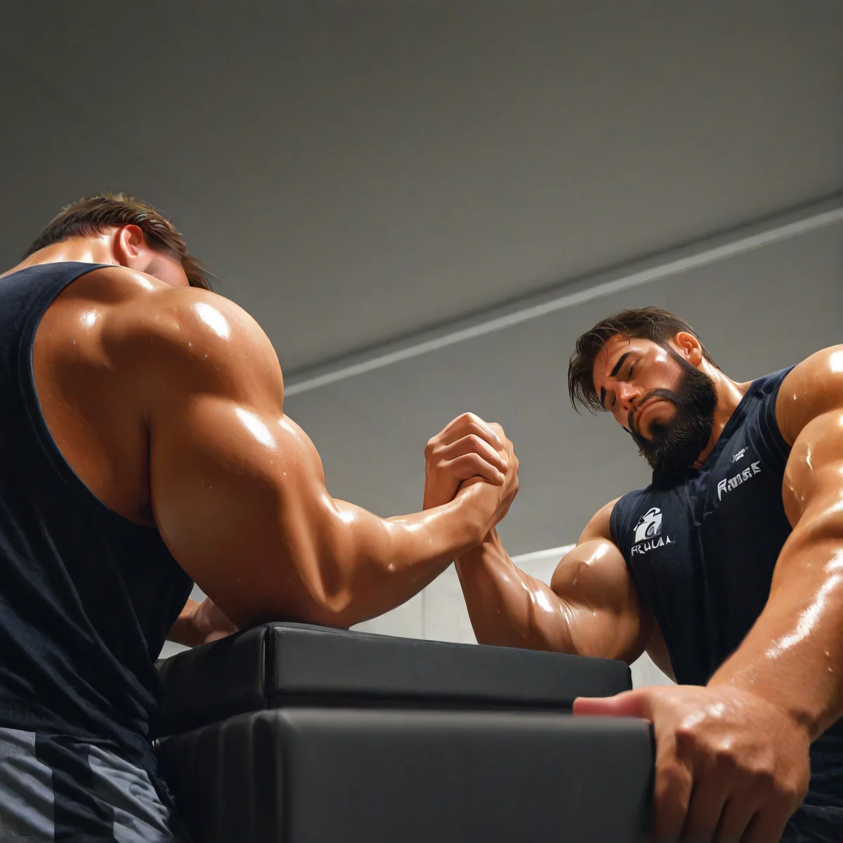 2males, beard, muscle, sweaty, arm wrestling, holding hands, frown, <lora:awres1il:1>, awres1, from below angle,, extremely detailed, best quality, logical anatomy, 8k, masterpiece, very aesthetic, highres, absurdres,