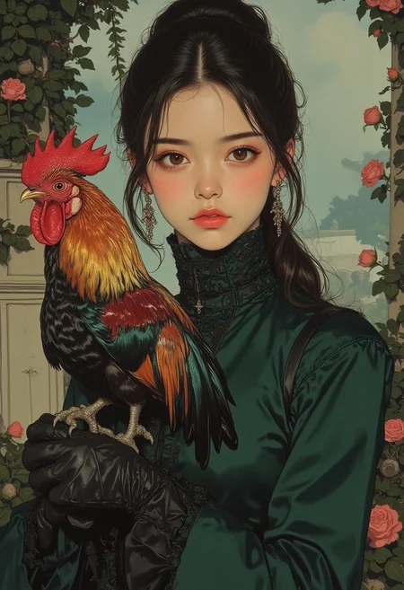 An 1800s-inspired (pingtu style, illustration-fen, niji, gothic, erotic, anime) of a light-skinned woman with hazel eyes and chestnut hair styled in a loose updo, wearing a high-necked, ruffled Victorian dress in forest green satin. A vibrant rooster with shimmering, multicolored feathers rests confidently on her gloved hand, its bold red comb and iridescent hues complementing her attire. The scene is set against a soft, painterly background of a misty English garden, with ivy-covered walls and blooming roses. Rendered in 8K, the artwork captures the opulence of 19th-century fashion and the vivid beauty of the bird.