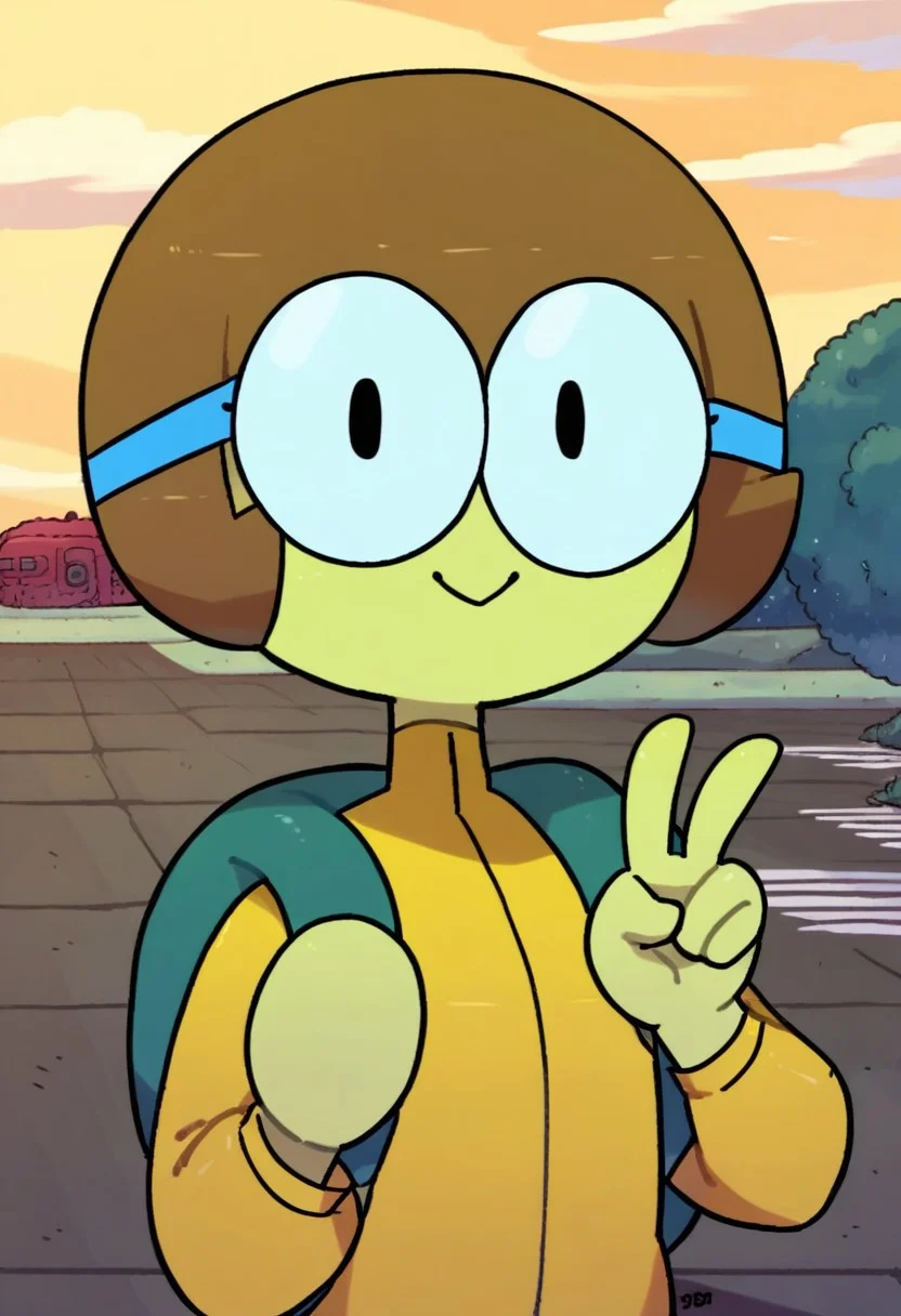 score_9_up, score_8_up, score_7_up, 1girl, solo, dendy, colored skin, yellow skin, brown hair, short hair, glasses, yellow jumpsuit, upper body, bag, looking at viewer, :>, outdoors, peace sign with one hand, holding backpack