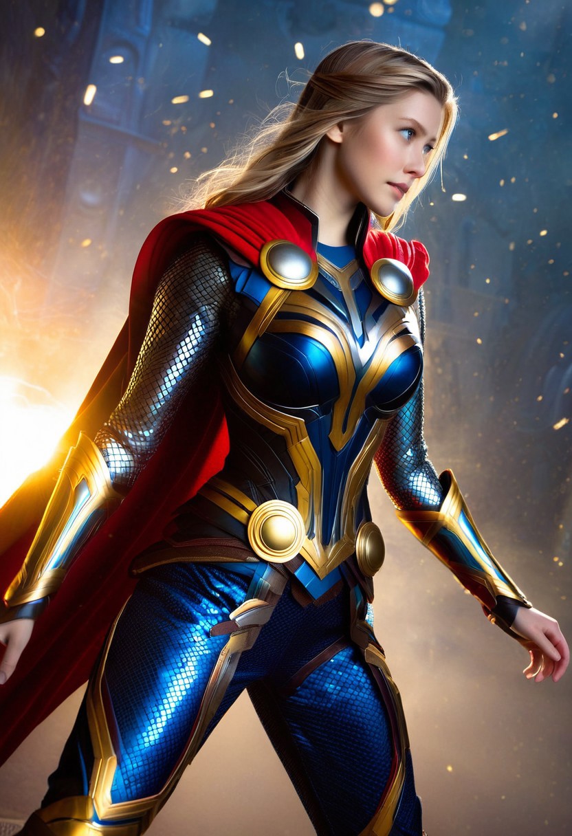 A lone female figure, clad in a intricately detailed Thor-inspired outfit, fills the frame in a hyper-realistic style, with precise textures and subtle reflections. Soft, golden lighting dances across her face and armor, set against a muted, atmospheric background. The camera captures her from a slightly lowered angle, emphasizing her powerful stance, with a shallow depth of field blurring the edges of her cape. The color palette is dark and rich, with metallic blues and golds dominating the scene, inviting the viewer to behold her heroic presence.