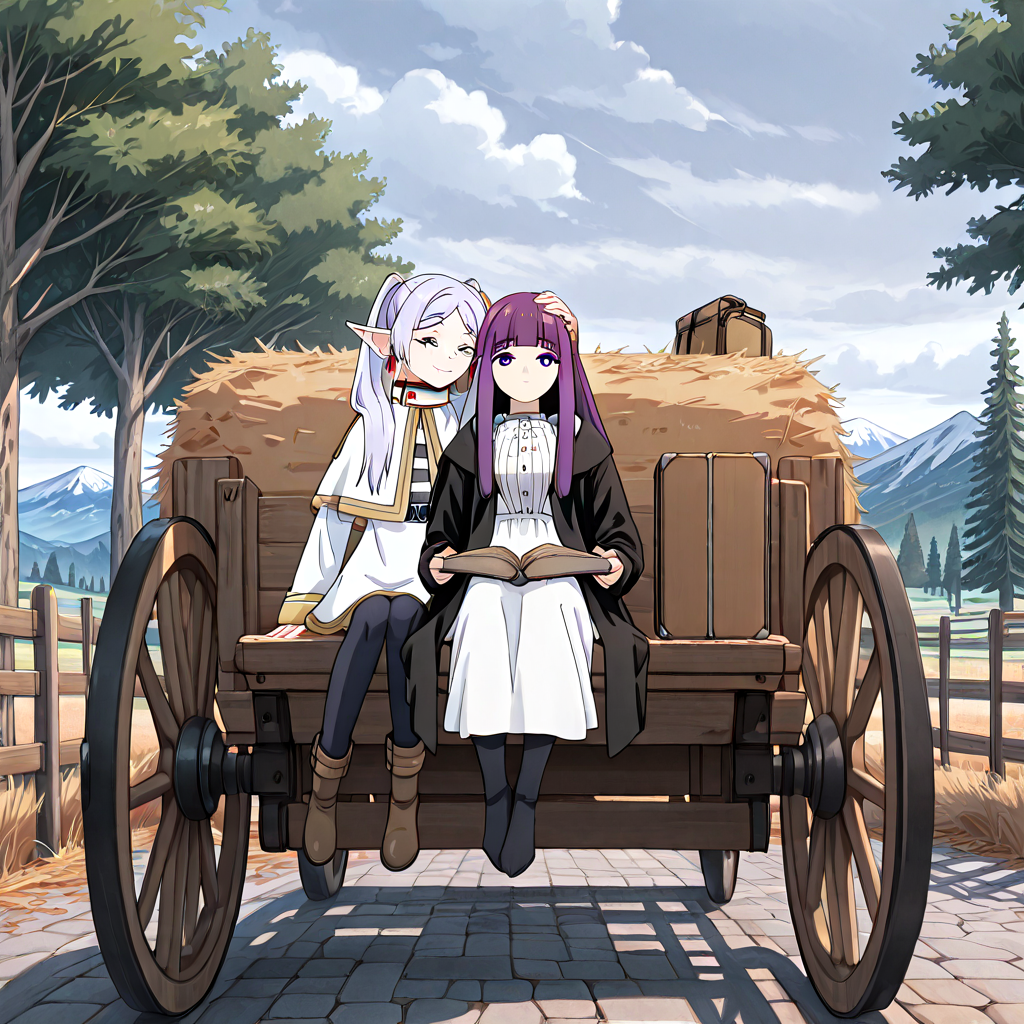 absurdres, sensitive, 2girls, frieren, fern, sitting, hay cart, hay, wagon, elf, grey hair, twintails, capelet, black pantyhose, purple hair, long hair, straight hair, white dress, long sleeves, robe, open book, holding book, suitcase, sky, cloud, tree, rural, fence, mountain, stone road, hand on another's head, headpat, smile, expressionless, dark, fog, riding, shadow, <lora:haycart_ilxl:1>