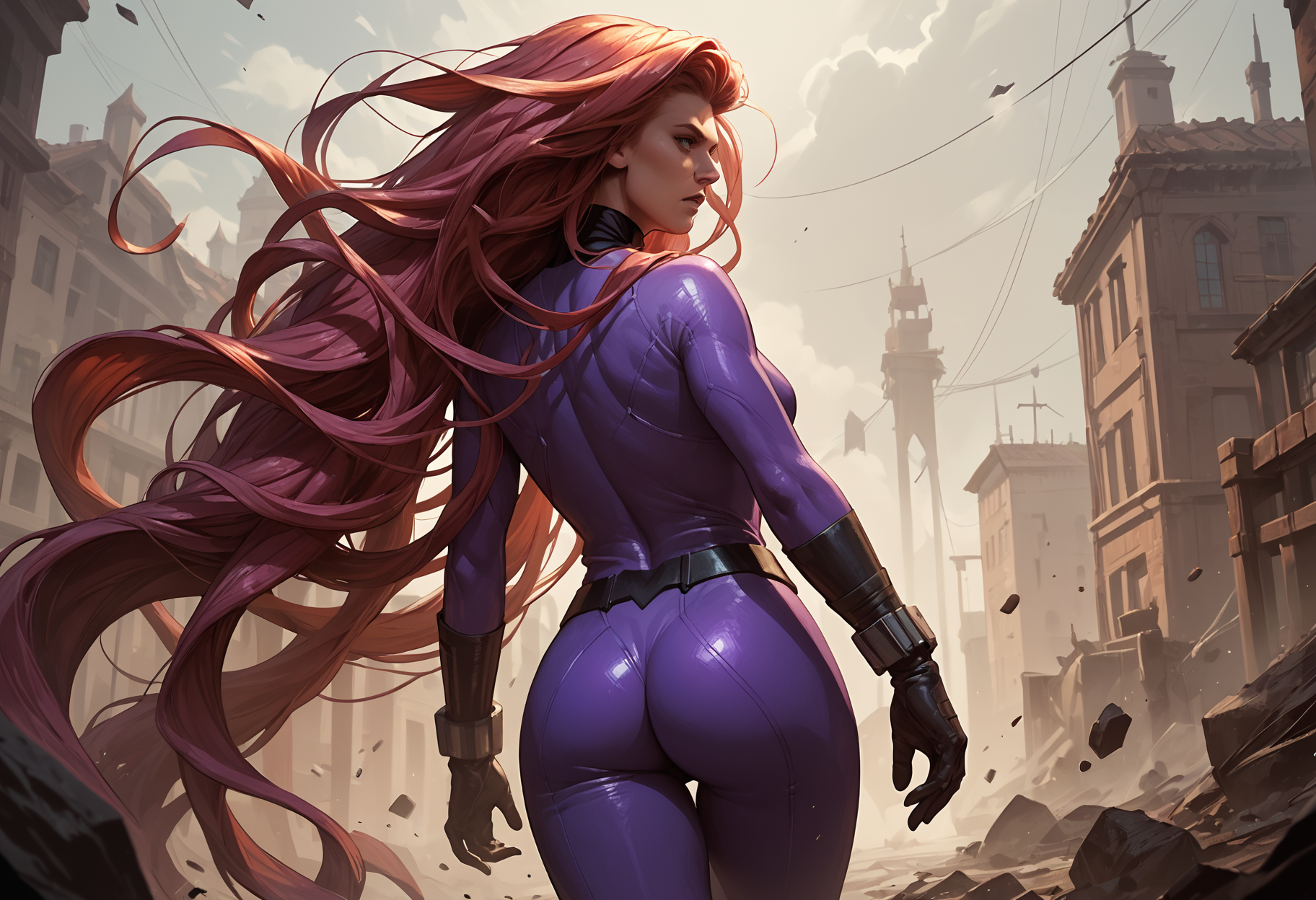 mmedusa, bodysuit, from behind, solo, score_9, score_8_up, <lora:Medusa_Marvel:0.7>