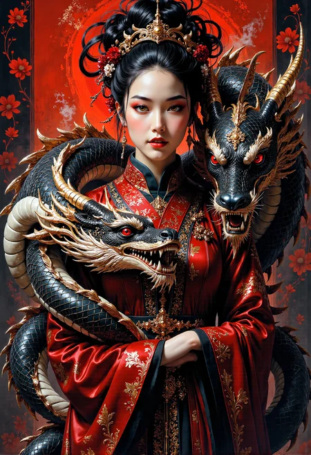 A striking and intense portrait of a regal woman entwined by an elaborate dragon. She stands with an air of authority, dressed in traditional East Asian attire with rich, intricate patterns in shades of deep red and black, adorned with golden floral accents. Her black hair is elegantly styled in an elaborate updo, decorated with delicate red and gold hairpins that add a touch of royalty and mystique. The dragon coils protectively around her, its scales a complex texture of black and ivory with gold highlights, and fierce, red eyes that gleam with intelligence and ferocity. Its head hovers close to hers, displaying sharp, menacing teeth and a determined gaze. The background is a bold red with a black floral pattern, amplifying the dramatic, mythical atmosphere of the scene. The lighting casts a warm glow, accentuating the textures and fine details of both the womanâs attire and the dragonâs scales, creating an atmosphere of ancient power and mysticism. <lora:aidmaMJ6.1-FLUX-V0.1.safetensors:0.5>, <lora:FluxMythP0rtr4itStyle.safetensors:0.75>, <lora:artisketchyfs-v02.safetensors:0.5>, <lora:ARTifacts.safetensors:0.5>,