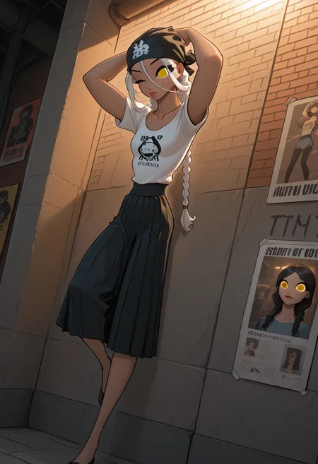score_9, score_8_up, score_7_up, score_6_up, score_5_up, score_4_up, Cinematic Lighting, Volumetric Lighting, Bloom, Post Processing, Perfest Anatomy, Extermy Ely Detailed Eyes and Face, Perfect Eyes. 8K,
1girl, ((Solo,))
kawaii face, cute face,very brown skin, white hair, braids, thick braids, long braids, lips, yellow eyes, big eyes.braids with a bow, shiny hair, black bandana on head, hair between eyes,
slim figure,collarbone, skinny body, narrow waist, wide hips, (high breasts), small breasts, perfect round butt,long legs,
-- clothing -- White mesh top, ,no bra, pleated skirt with straps
BREAK
Girl standing by brick wall, back arched, one leg bent at the knee, leaning against wall, resting against wall, arms above head, one eye closed.arms above head
advertising posters, posters, and painted graffiti,
Streets of modern city, midday, rays of sun, random people in background, pillars, glass display cases, cars, pillars. summer day, hot day,
(((side view))) (focus on torso) close-up plan,
dynamic lighting, warm lighting, dreamy lighting, realistic volumetric lighting
<lora:DandonFuga_Style_v.2_-_Pony:0.65>