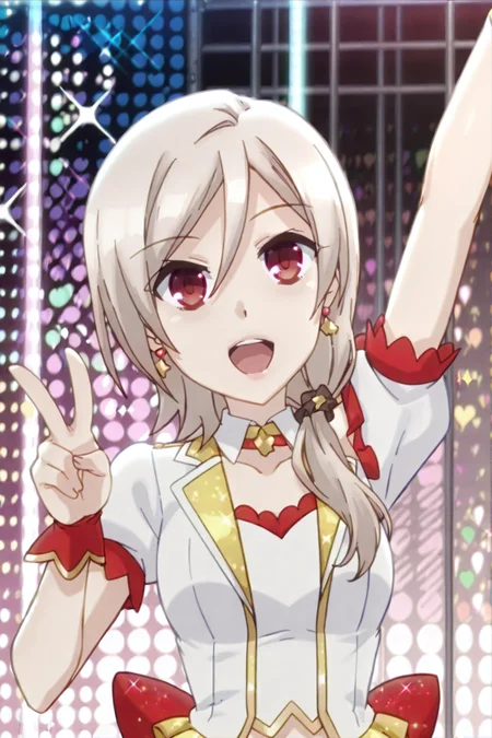 detailed background, shiny skin, posing,
heart, bloom, glitter, sparkle,
<lora:prisma.il:1>,
prisma,
sella, 
idol costume, upper body, open mouth, peace,