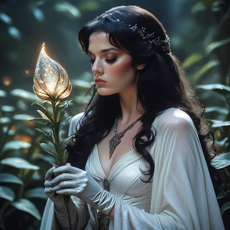 Score_9, score_8_up, score_7_up, score_6_up, BREAK <lora:80sFantasyMovieV3Pony:1> ArsMovieStill, 80s Fantasy Movie Still, The image shows a woman in a white dress holding a light in her hands surrounded by plants in the background., 1girl, long hair, closed eyes, solo, black hair, jewelry, necklace, blurry, upper body, gloves