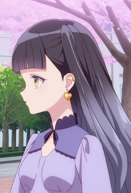 <lora:AZU NIISATA_illustrious-000036:1>,
AZU NIISATA, solo, earrings, jewelry, heart earrings, dress, upper body, purple dress, outdoors, tree, blunt bangs, cherry blossoms, long sleeves, profile