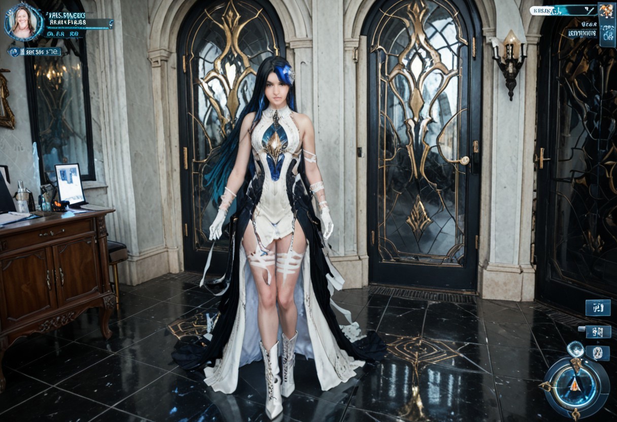 mai_pgr_selena_xs
1 adult woman,  bandaged_arm,bandages,bare_shoulders,black_dress,black_hair,blue_eyes,blue_hair,boots,colored_inner_hair,gloves,high_heels,jewelry, long_hair,multicolored_hair,solo,streaked_hair,very_long_hair,white_dress,white_gloves
VG_SS, fake screenshot, 
(High Resolution), (More Details), (8K), (High Resolution)