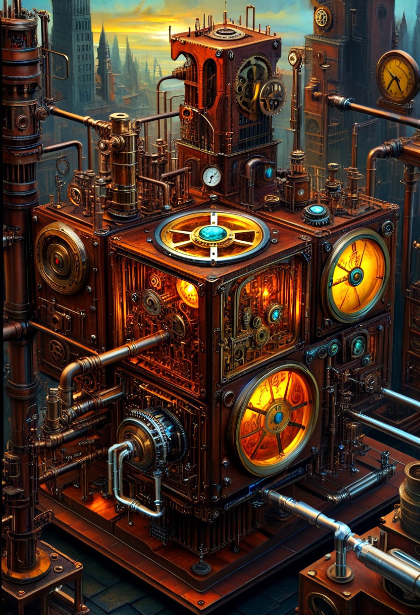 masterpiece, best quality, M1CR0CUB3D Steampunk city confined to a perfect cube, gears and pipes visible, clockwork mechanisms, oil painting, dramatic.