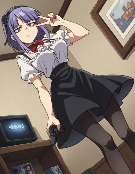score_9, score_8_up, score_7_up, source_anime, <lora:hotaru-shidare-s2-ponyxl-lora-nochekaiser:1>, hotaru shidare, short hair, blue eyes, hair ornament, purple hair, flower, hairband, hair flower, ringed eyes, large breasts,, skirt, pantyhose, high heels, black pantyhose, high-waist skirt, shirt, frilled shirt, bowtie, red bowtie, puffy sleeves, short sleeves,, living room, video game, controller, competitive, fun, afternoon, , looking at viewer, hand making a peace sign, solo,, cowboy shot, dutch angle