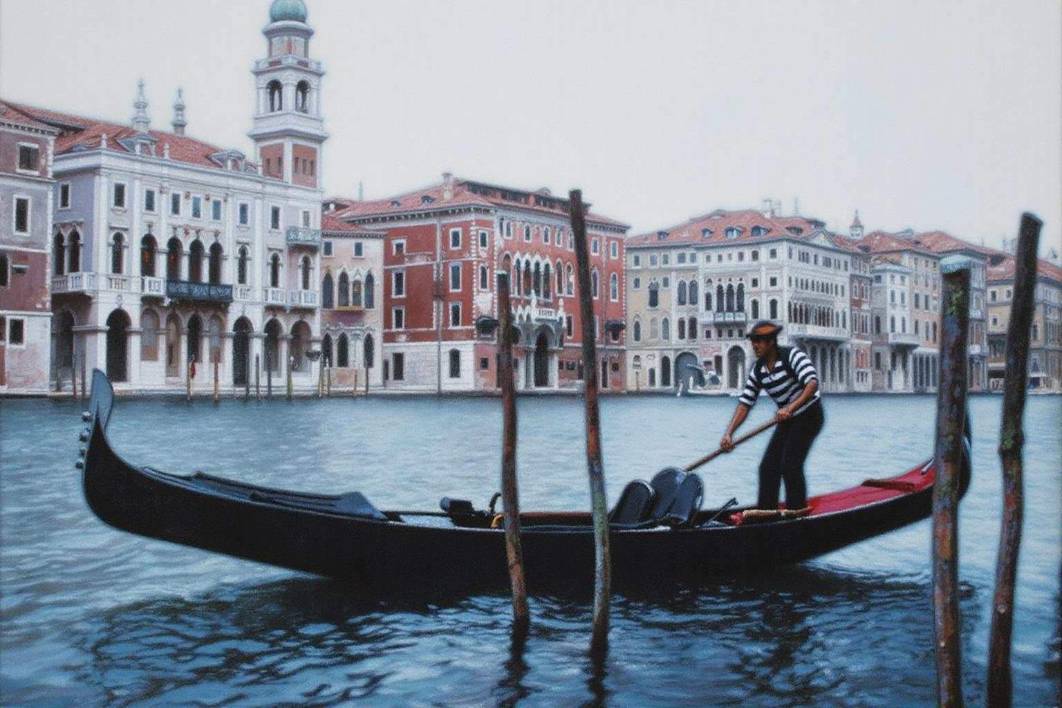 chenyifei2 painting.
A scene in Venice, featuring a gondolier dressed in a striped shirt and black trousers, maneuvering a sleek, dark wooden gondola through the calm, slightly rippling water. A row of buildings is in the background.
 <lora:chenyifei2_cap_d6a3:1.0><lora:839870177727343431:0>