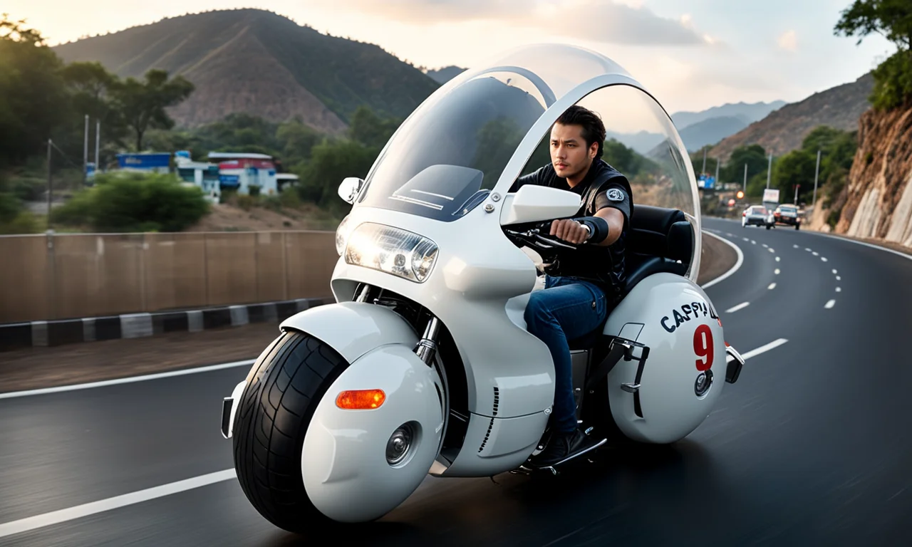 cinematic still of man driving large round motorcycle with a windshield, best quality, highly detailed, bokeh, <lora:cap9motosdxl:0.8>, black simple background, text "Capsule 9", beautiful landscape, cinematic lighting,