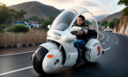 cinematic still of man driving large round motorcycle with a windshield, best quality, highly detailed, bokeh, <lora:cap9motosdxl:0.8>, black simple background, text "Capsule 9", beautiful landscape, cinematic lighting,