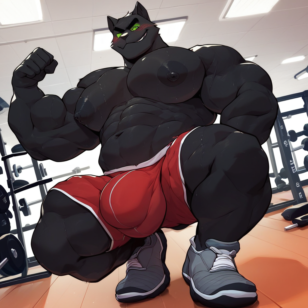 score_9, score_8_up, score_7_up, 2k, 4k, high res, 2d (artwork) cartoon style, Mango_JuiceBara, Male Focus, no humans, 1boy, solo, furry, anthro, domestic cat, black body, green scelera, no tail, smirking, naughty expression, bara, older, mature, male, thick thighs, wide hips, voluptuous, blushing, sexy, standing, large bulge, red gym shorts, shirtless, gray shoes, muscular male, fat, large pectorals, large nipples, inside, gym, bright room, weights, exercising, weightlifting, dumbbells, holding dumbbells, dumbbell in right hand, dumbbell in left hand, flexing, sweaty, musk clouds, solo, score_9, score_8_up, score_7_up, score_6_up, score_5_up, score_4_up, top pov