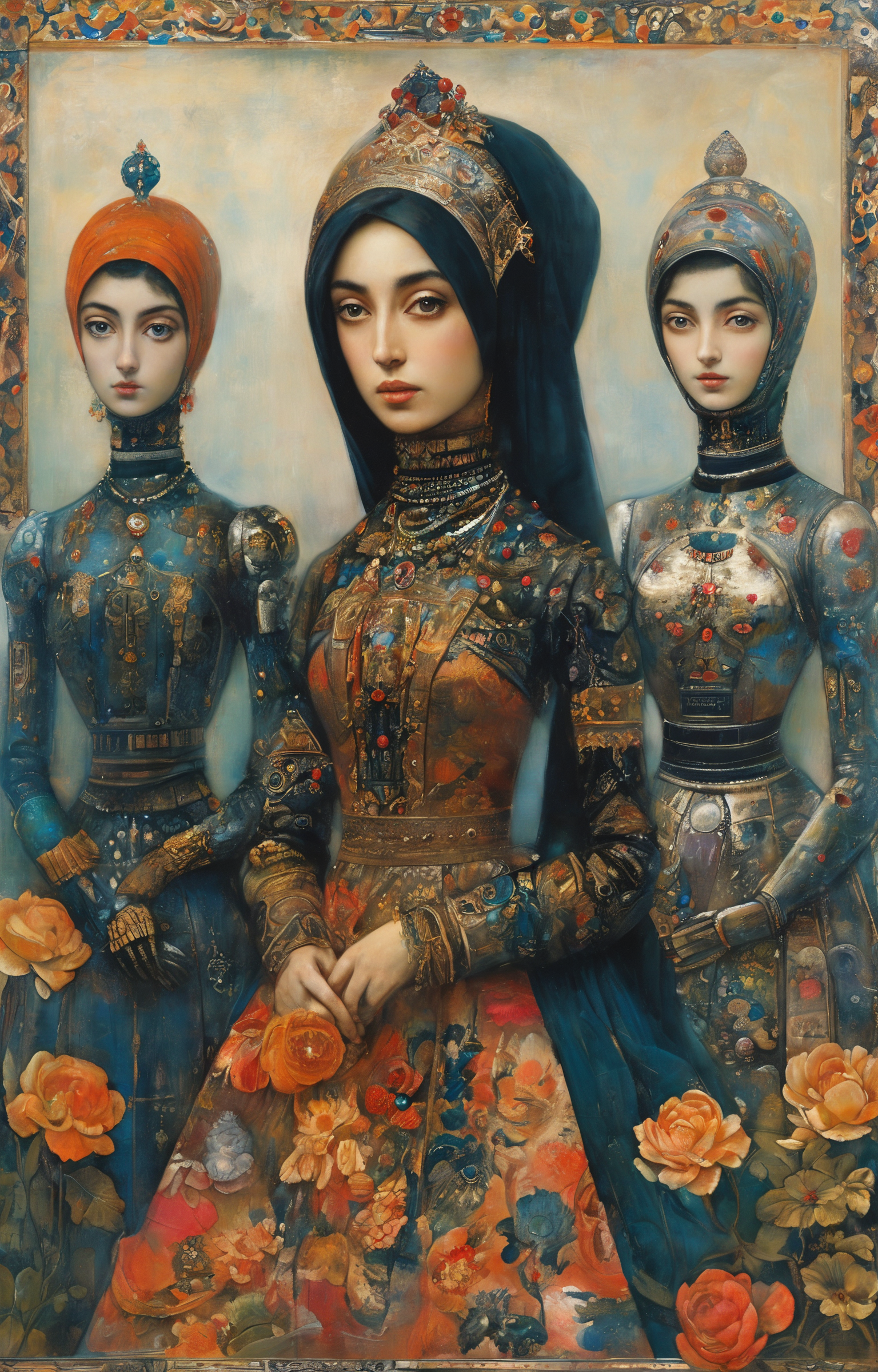 masterpiece,best quality,<lora:tbh292-sdxl:0.9>,illustration,style of Qajar art portrait of Housework robots