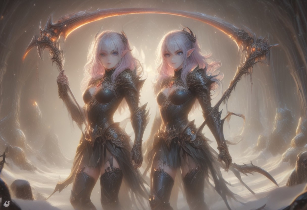 score_9, score_8_up, score_7_up, score_6_up, dynamic, (anime, masterpiece), best quality, (8k), detailed background, sharp focus, intricate, ambient lighting, super high quality, hyper detailed background, cinematic lighting, adult, dungeons and dragons character art style, a norse girl early 20s, straight long lilac hair tied back into a ponytail, heart choker, black hairband, dark magical blue eyes, pale skin, human, wearing black crop top and black leather skirt, thighhigh high heeled boots, holding a scythe in her hands, full body portrait, zoomed out, medium breasts, walking through a snowy mountain village, action pose, facing down a slime monster