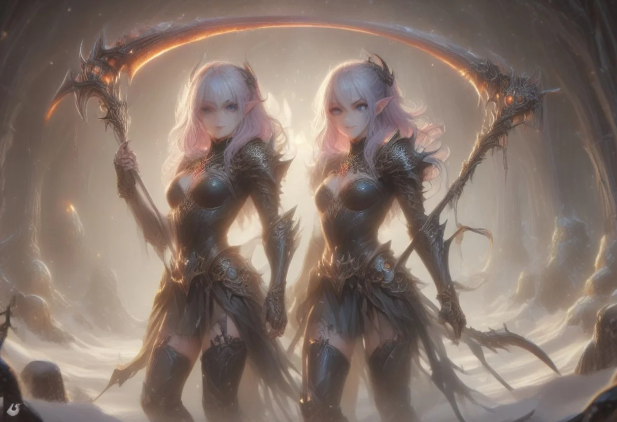 score_9, score_8_up, score_7_up, score_6_up, dynamic, (anime, masterpiece), best quality, (8k), detailed background, sharp focus, intricate, ambient lighting, super high quality, hyper detailed background, cinematic lighting, adult, dungeons and dragons character art style, a norse girl early 20s, straight long lilac hair tied back into a ponytail, heart choker, black hairband, dark magical blue eyes, pale skin, human, wearing black crop top and black leather skirt, thighhigh high heeled boots, holding a scythe in her hands, full body portrait, zoomed out, medium breasts, walking through a snowy mountain village, action pose, facing down a slime monster