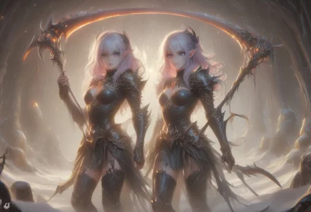 score_9, score_8_up, score_7_up, score_6_up, dynamic, (anime, masterpiece), best quality, (8k), detailed background, sharp focus, intricate, ambient lighting, super high quality, hyper detailed background, cinematic lighting, adult, dungeons and dragons character art style, a norse girl early 20s, straight long lilac hair tied back into a ponytail, heart choker, black hairband, dark magical blue eyes, pale skin, human, wearing black crop top and black leather skirt, thighhigh high heeled boots, holding a scythe in her hands, full body portrait, zoomed out, medium breasts, walking through a snowy mountain village, action pose, facing down a slime monster