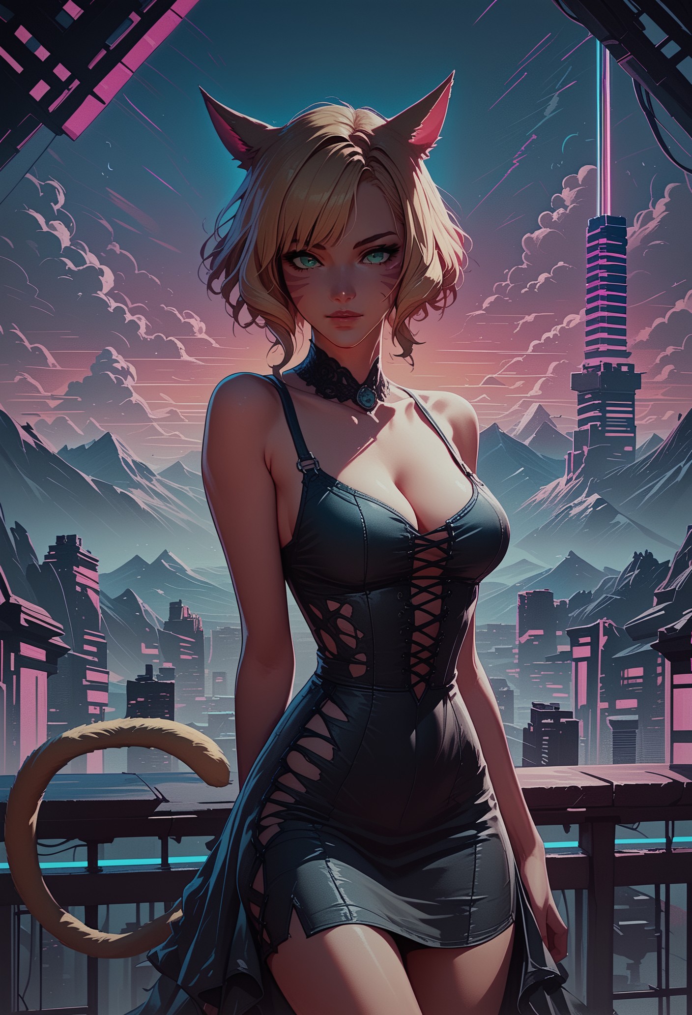 score_9, score_8_up, score_7_up, score_6_up, source_anime, mountainous horizon, sunset, neon lights, cityscape, 1girl, miqo'te with a blonde cat tail, blonde hair, short hair, laced hair, looking at viewer, cleavage, black dress, neon trim, green eyes, posing   <lora:sdxl\RetroWave_PonyXL:0.8>, retrowave <lora:sdxl\sinfully_stylish_SDXL> <lora:sdxl\Concept Art Twilight Style SDXL_LoRA_Pony Diffusion V6 XL:0.8>, concept art