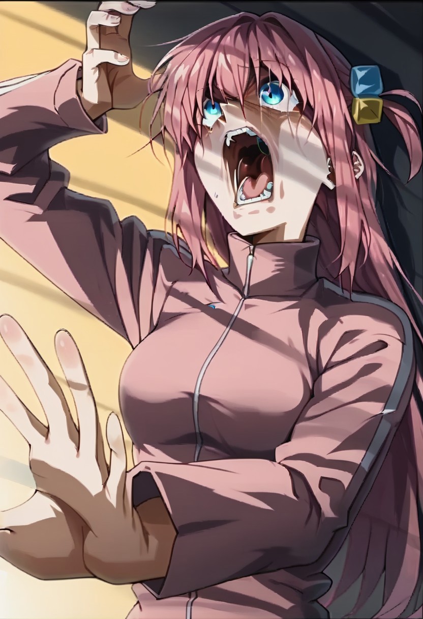 score_9, score_8_up, score_7_up, dark theme, low light,
hitori gotou, blue eyes, cube hair ornament, hair between eyes, hair ornament, pink hair, one side up, long hair, small pupils, scared, cute,
jacket, long sleeves, pants, pants under skirt, pink jacket, track jacket, 
kaibanodef, open mouth, upper body, teeth, screaming, parody, Hand, detailed, hands,