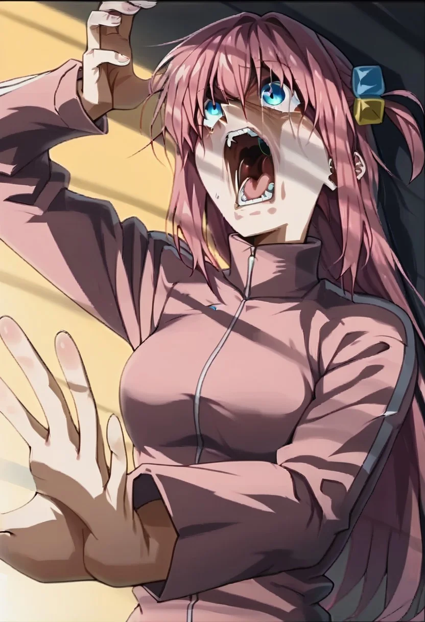 score_9, score_8_up, score_7_up, dark theme, low light,
hitori gotou, blue eyes, cube hair ornament, hair between eyes, hair ornament, pink hair, one side up, long hair, small pupils, scared, cute,
jacket, long sleeves, pants, pants under skirt, pink jacket, track jacket,
kaibanodef, open mouth, upper body, teeth, screaming, parody, Hand, detailed, hands,